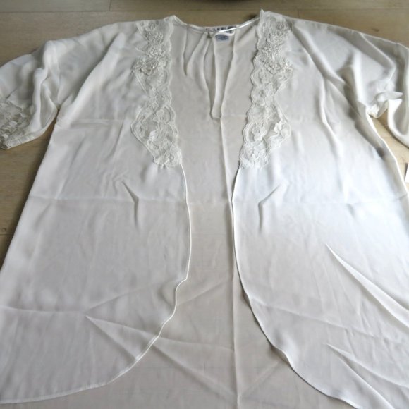Linea Donatella Sheer Chiffon Open Front Robe S/M White Lace Pearls Knee Length - Picture 14 of 16